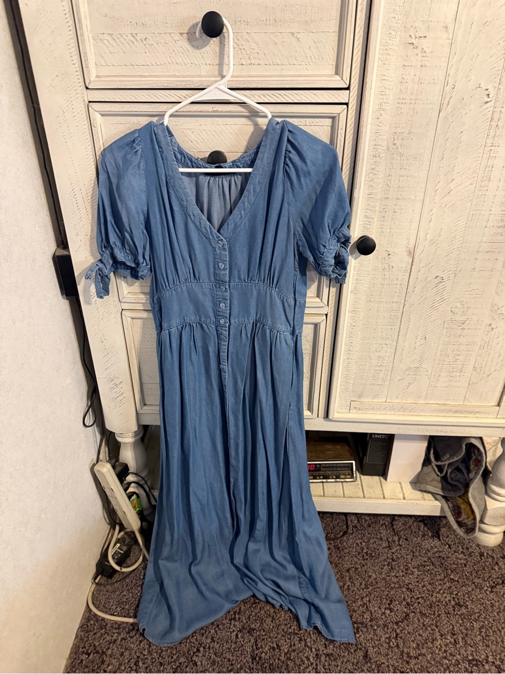 Jane and Delancey Chambray Blue V-Neck Button Maxi Dress